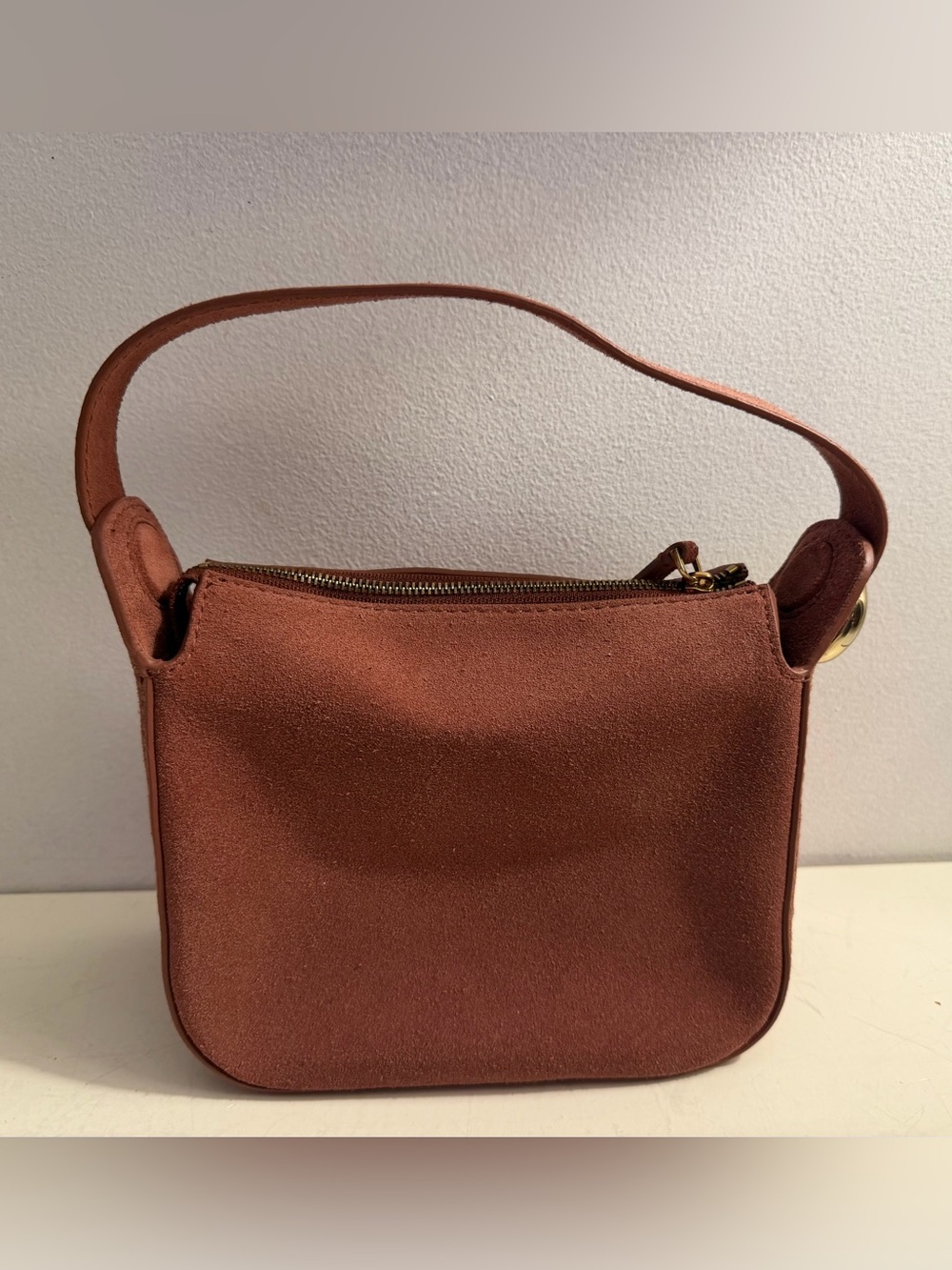 Madewell  “Sculpted Metal Wristlet Bag” in the color Rosy Mauve.